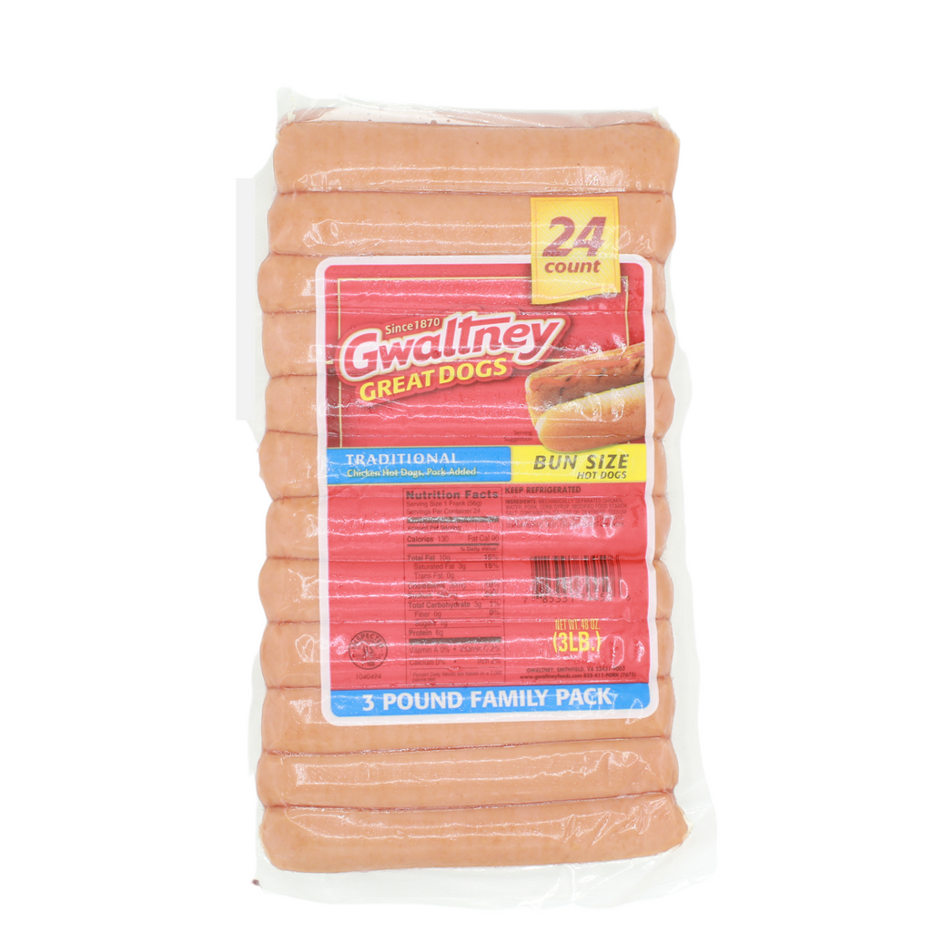 Gwaltney Great Dogs Traditional Bun Size (hot dogs made with chicken & pork), 3lbs