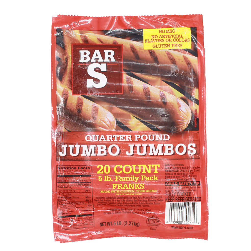 Bar S Quarter Pound Jumbo Jumbos Family Pack (made with chicken & pork added), 5 lb